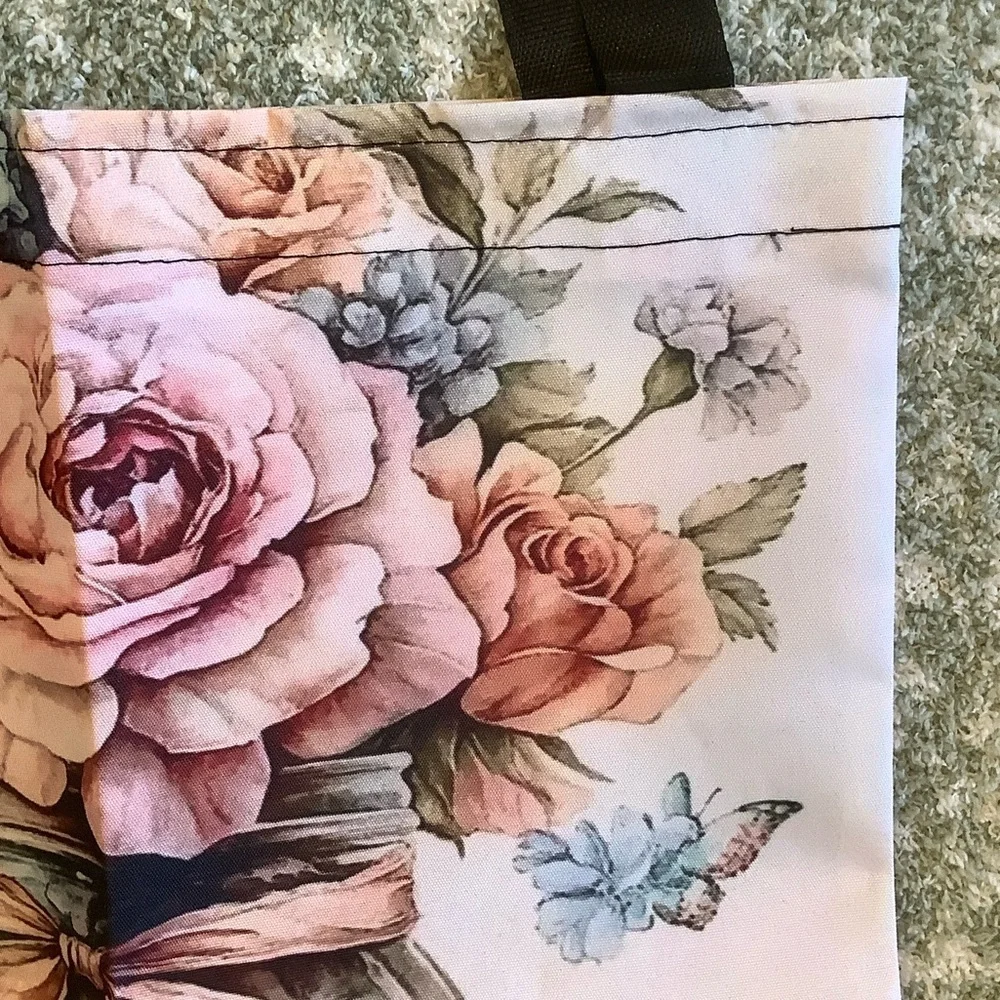 Floral Bouquet Mason Jar Butterflies Shabby Chic Polycanvas Tote Bag NWT 14x16 - Picture 3 of 13